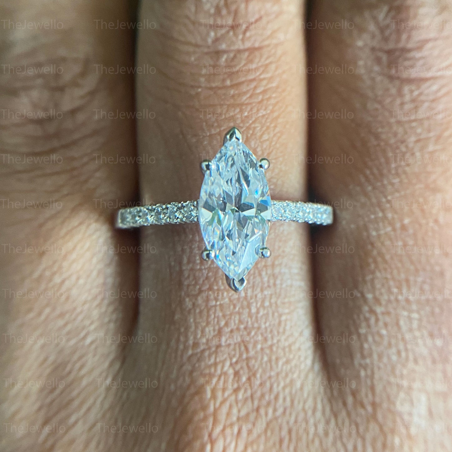 Marquise Cut Moissanite Ring/ Solitaire With Accents Diamond Ring/ Basket Prong Setting Bridal Ring/ Classic Petite Pave Wedding Ring.