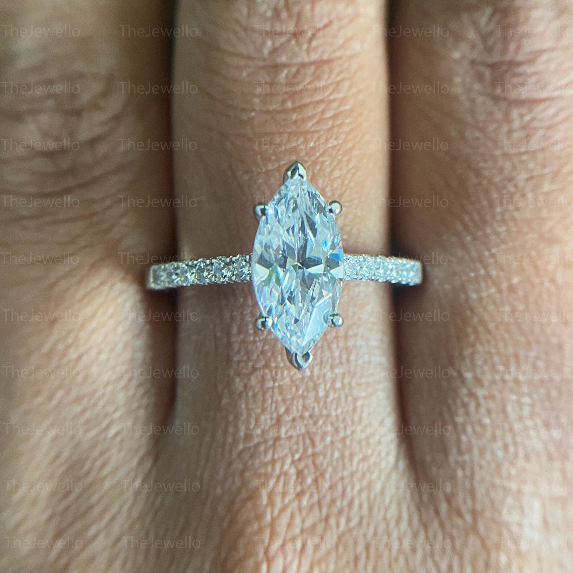 Marquise Cut Moissanite Ring/ Solitaire With Accents Diamond Ring/ Basket Prong Setting Bridal Ring/ Classic Petite Pave Wedding Ring.