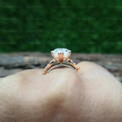 Oval Moissanite Ring, Oval Cut Under Bridge Wedding Ring, Solid Gold Solitaire With Accents Ring, Art Deco Handmade Diamond Ring.