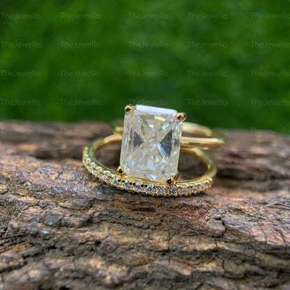 Radiant Moissanite Bridal Sets, Solitaire Engagement Ring with Half Eternity Wedding Band, Solid Yellow Gold Ring Sets