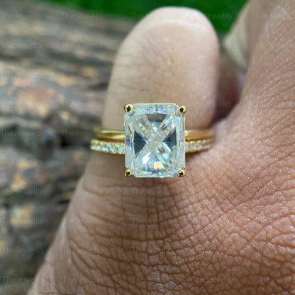 Radiant Moissanite Bridal Sets, Solitaire Engagement Ring with Half Eternity Wedding Band, Solid Yellow Gold Ring Sets