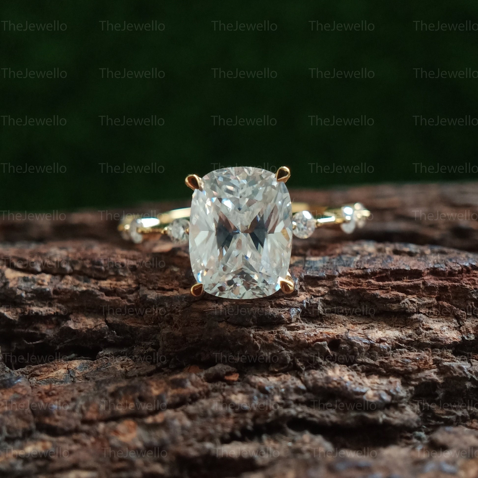 2.45 Carat Elongated Cushion Cut Moissanite Ring, Yellow Gold Engagement Ring, Solitaire Accent Moissanite Diamond Wedding Ring