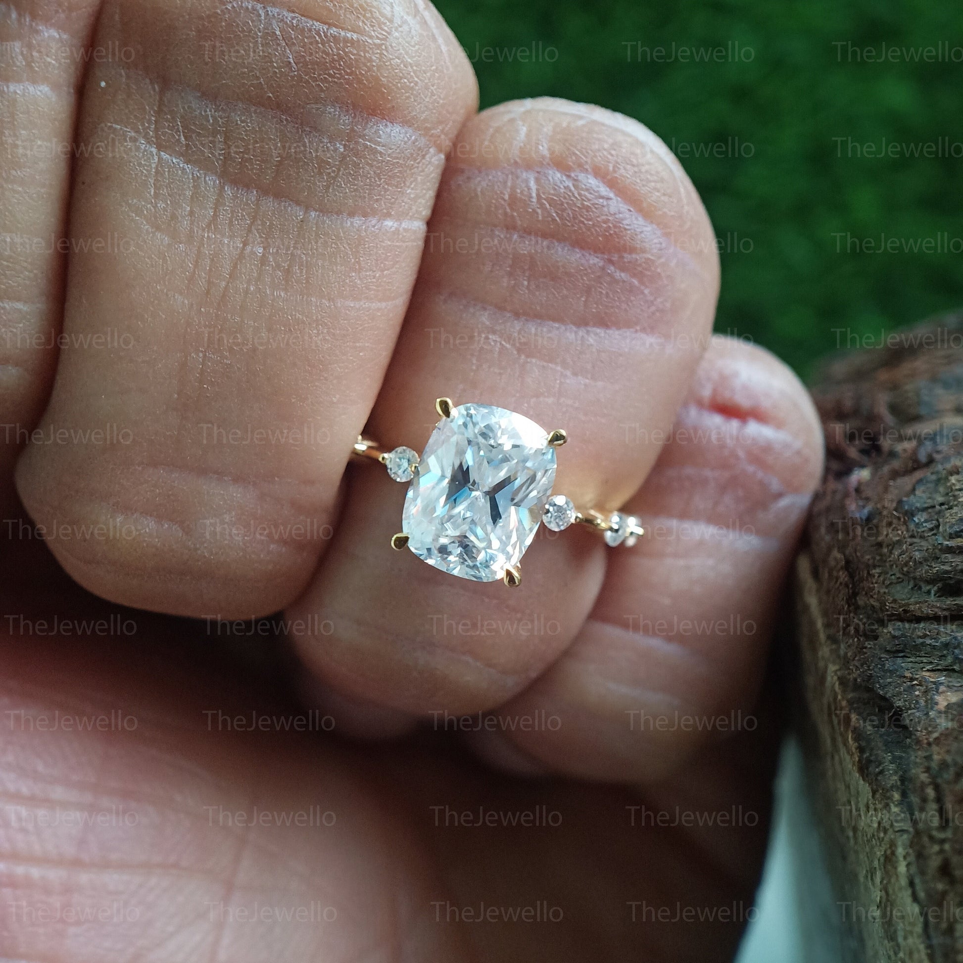 2.45 Carat Elongated Cushion Cut Moissanite Ring, Yellow Gold Engagement Ring, Solitaire Accent Moissanite Diamond Wedding Ring