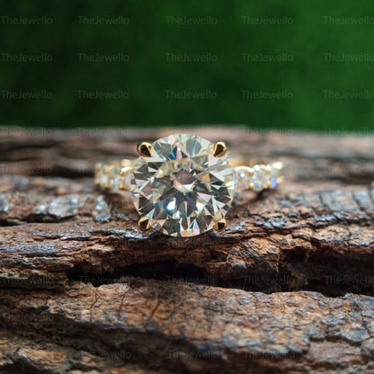 3.80 TCW Round Cut Moissanite Engagement Ring, Solitaire Accent Yellow Gold Ring, Hidden Halo Engagement Ring