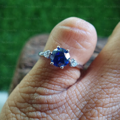 Round cut Tanzanite Gemstone Ring, Three Stone Birthstone Ring, 925 Sterling Silver Rings, Classic 6 Prong Engagement Ring