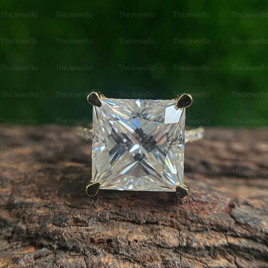 Princess Cut Engagement Ring, 14K Yellow Gold Promise Ring For Her, Handcrafted Moissanite Ring For Women, Square Shaped Moissanite Ring