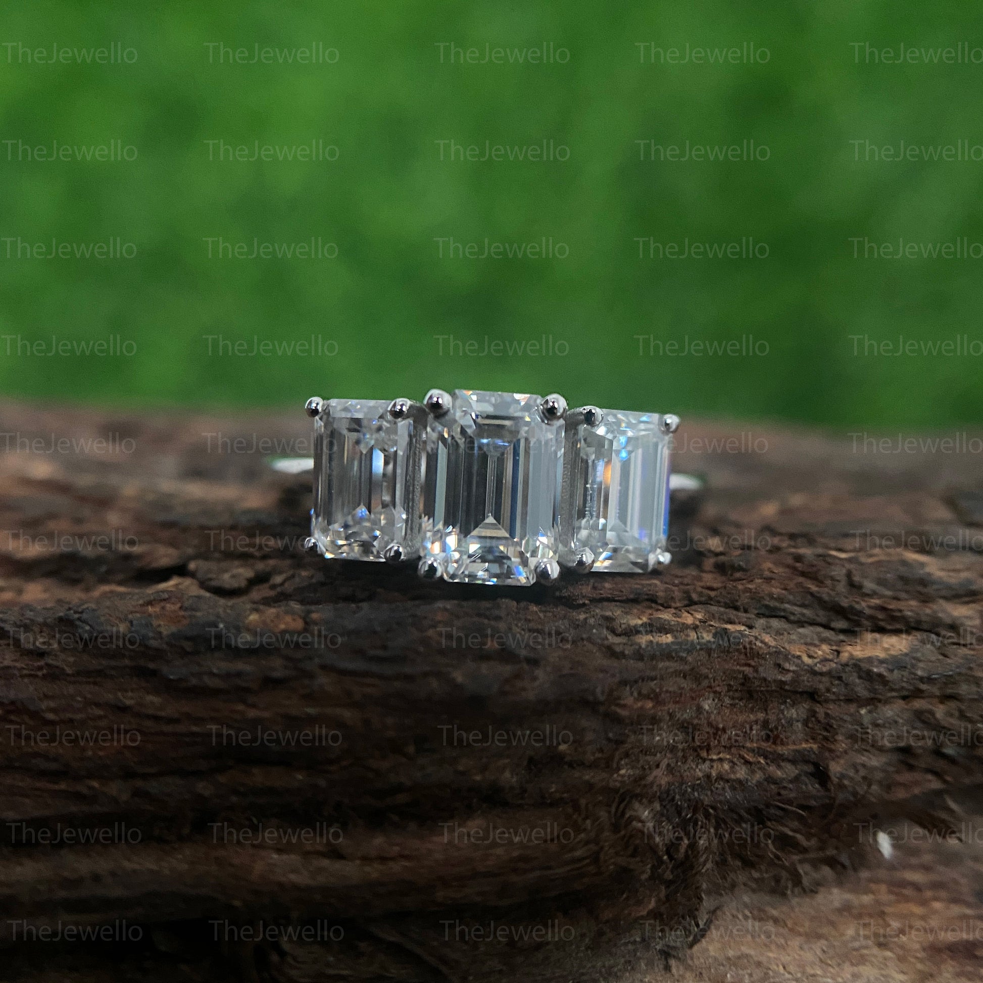 2.20 TCW Three stone engagement ring,Emerald cut moissanite ring,18k/14k yellow gold,unique,trllies set three stone ring,wedding ring,women