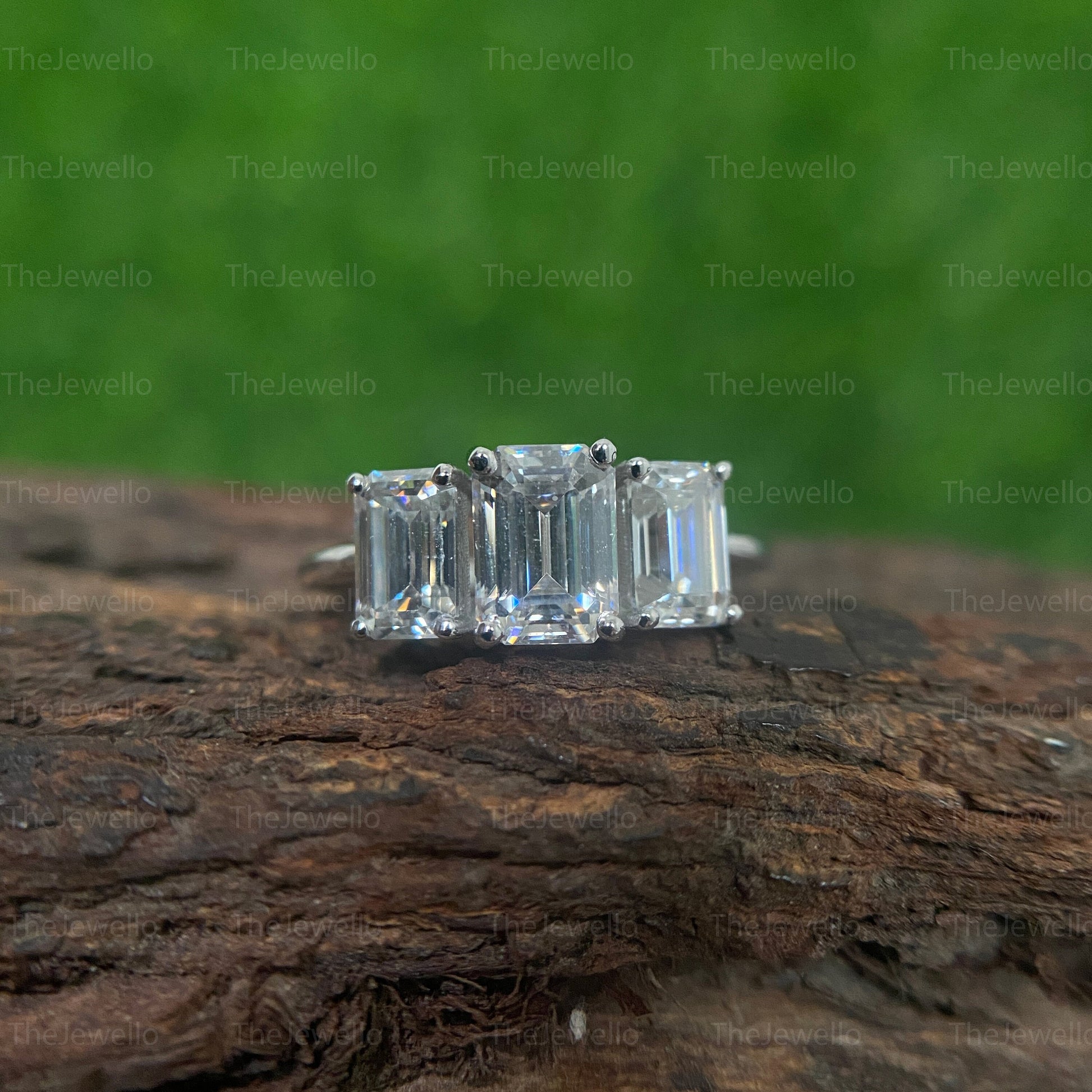 2.20 TCW Three stone engagement ring,Emerald cut moissanite ring,18k/14k yellow gold,unique,trllies set three stone ring,wedding ring,women