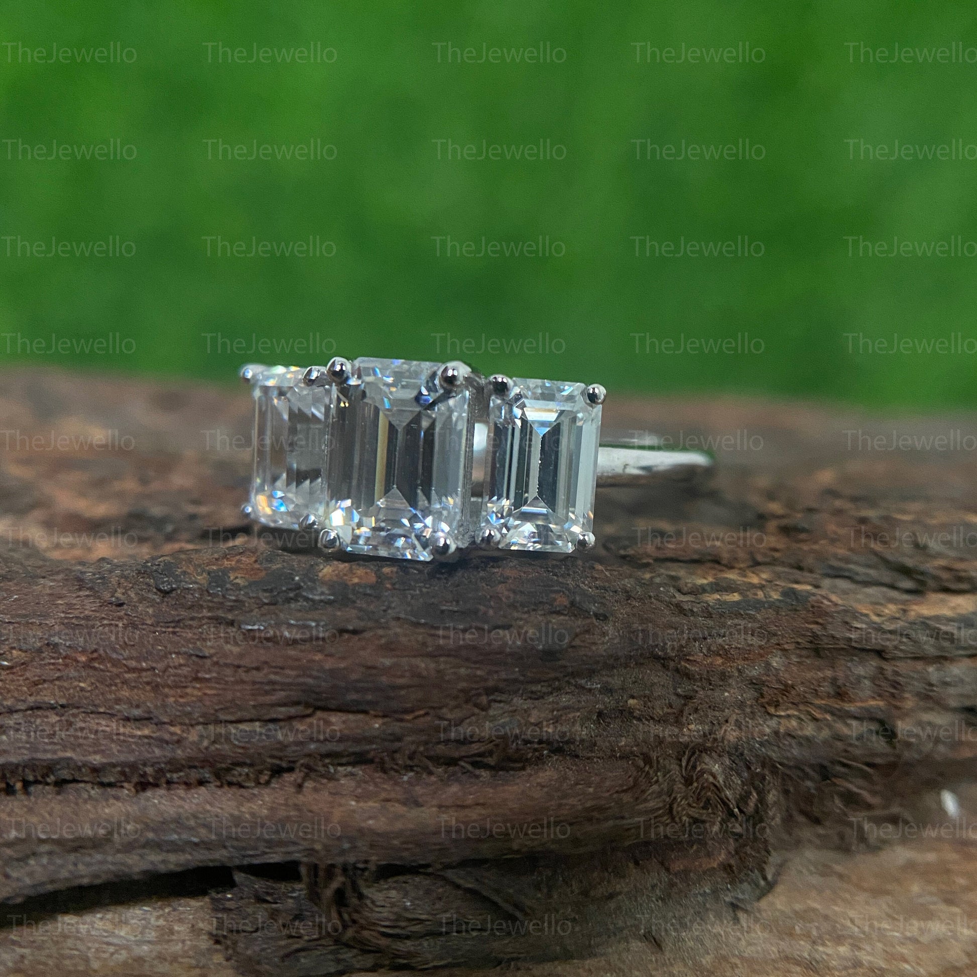 2.20 TCW Three stone engagement ring,Emerald cut moissanite ring,18k/14k yellow gold,unique,trllies set three stone ring,wedding ring,women