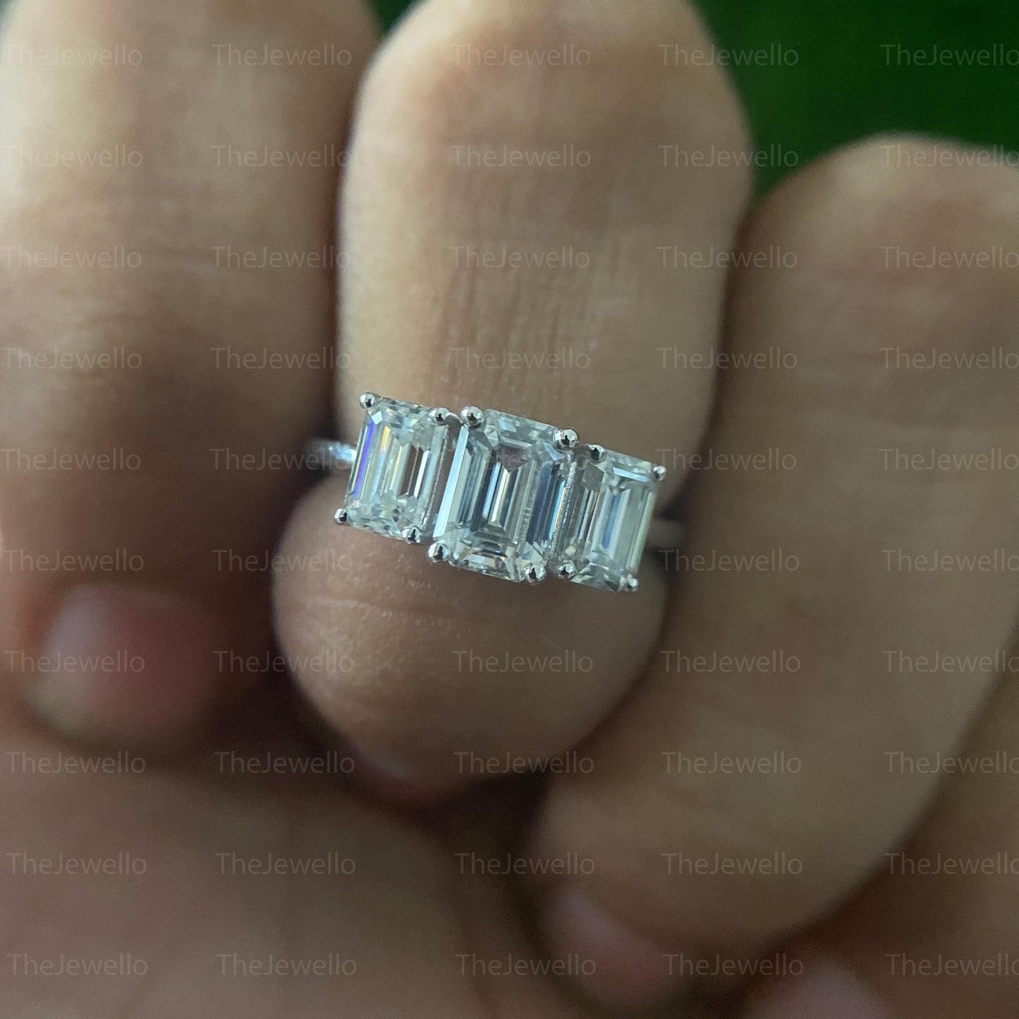 2.20 TCW Three stone engagement ring,Emerald cut moissanite ring,18k/14k yellow gold,unique,trllies set three stone ring,wedding ring,women