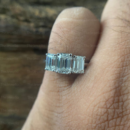 2.20 TCW Three stone engagement ring,Emerald cut moissanite ring,18k/14k yellow gold,unique,trllies set three stone ring,wedding ring,women