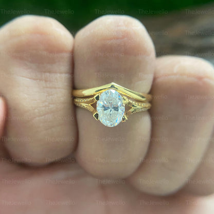 Oval Moissanite Diamond Bridal Set Ring/ Split Shank With Simple Dainty Curved Band/ Handcrafted Vintage Style Moissanite Bridal Set.