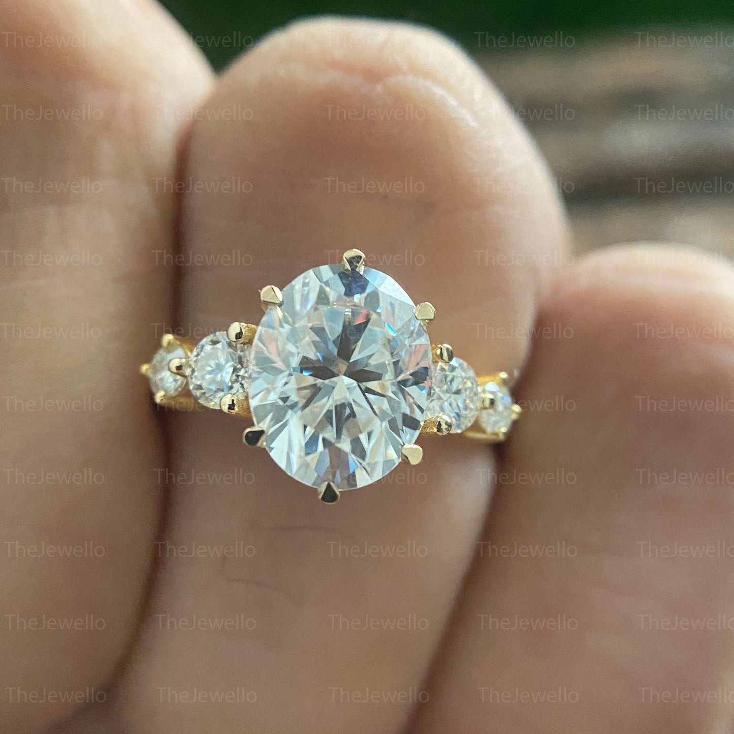 Oval Cut Moissanite Ring, Oval Yellow Gold Engagement Ring, Solitaire Round Accent Moissanite Engagement Ring