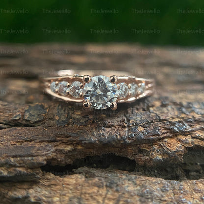 Colorless Round Cut Moissanite Engagement Ring/ Solid 14K Rose Gold Women's Ring/ Solitaire With Accents Designer Diamond Ring.