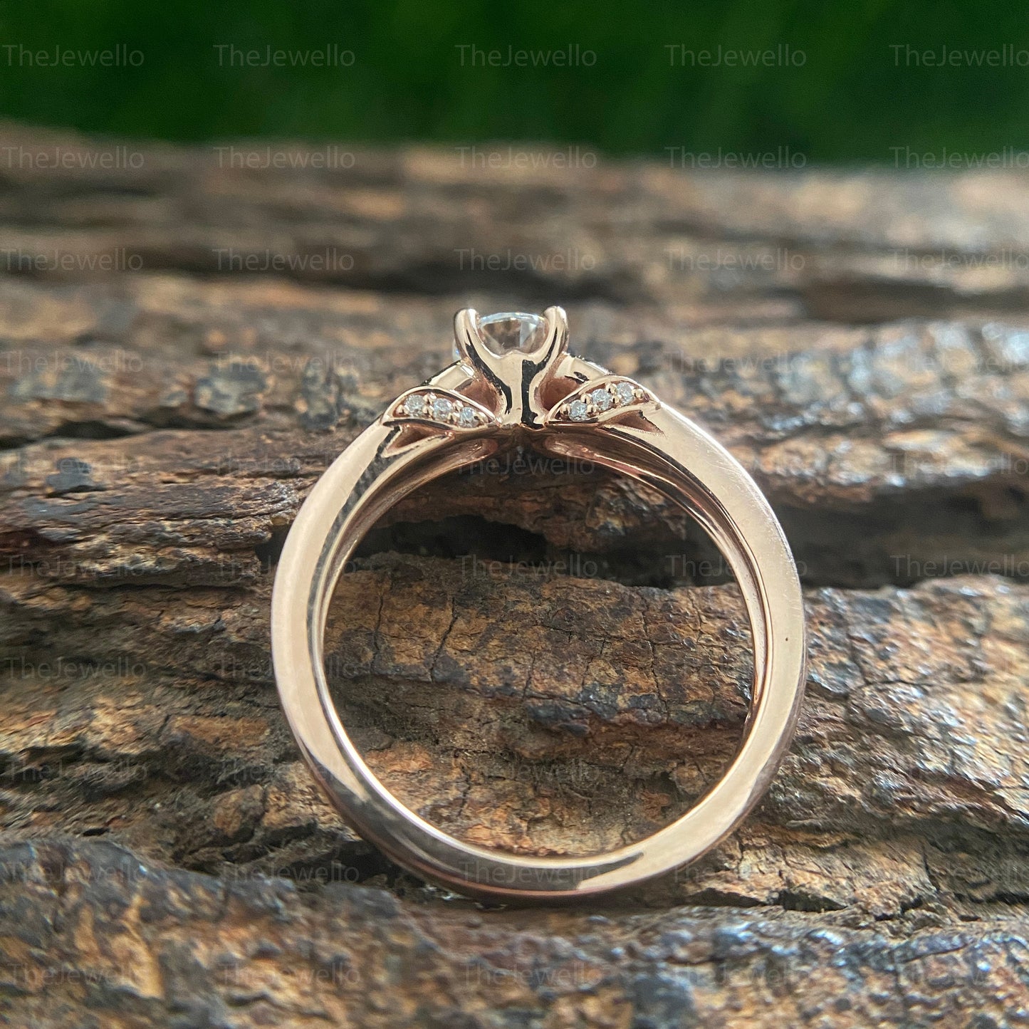 Colorless Round Cut Moissanite Engagement Ring/ Solid 14K Rose Gold Women's Ring/ Solitaire With Accents Designer Diamond Ring.