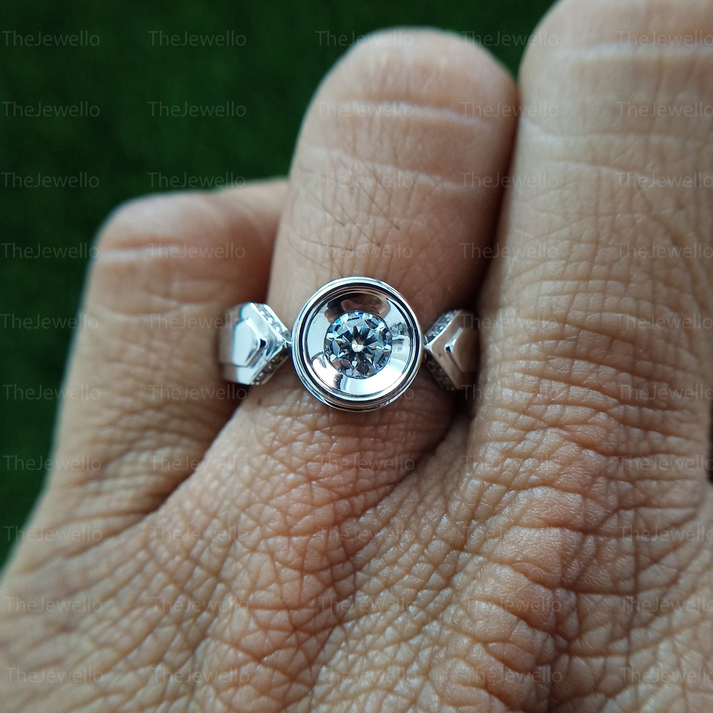 Unique Bezel Set Engagement Ring/ Round Cut Moissanite Vintage Style Ring/ Solitaire With Accents Hidden Halo Diamond Ring.