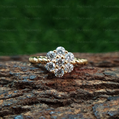 Round Cut Moissanite Halo Ring/ Unique Flower Design Wedding Ring/ Seven Stone Solitaire Ring For Women/ Daily Wear Diamond Jewelry.