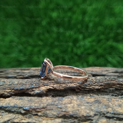 Dark Blue Emerald Moissanite Solitaire Ring, Half Bezel Set Rose Gold Ring, Handmade Moissanite Ring For Everyday Wear, Christmas Gift.