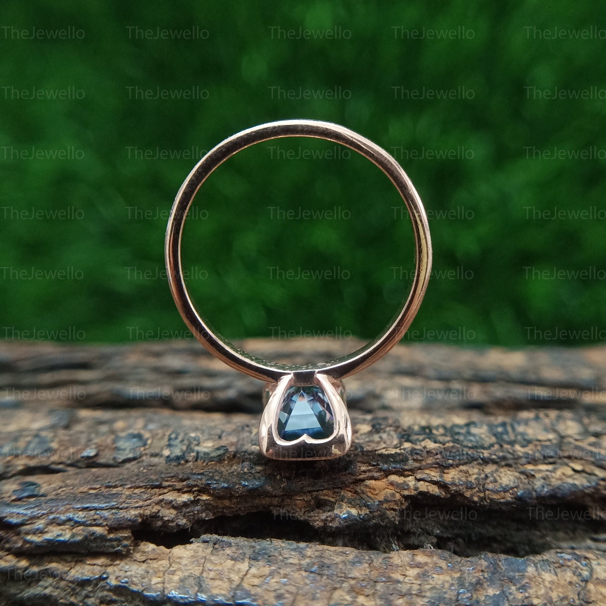 Dark Blue Emerald Moissanite Solitaire Ring, Half Bezel Set Rose Gold Ring, Handmade Moissanite Ring For Everyday Wear, Christmas Gift.