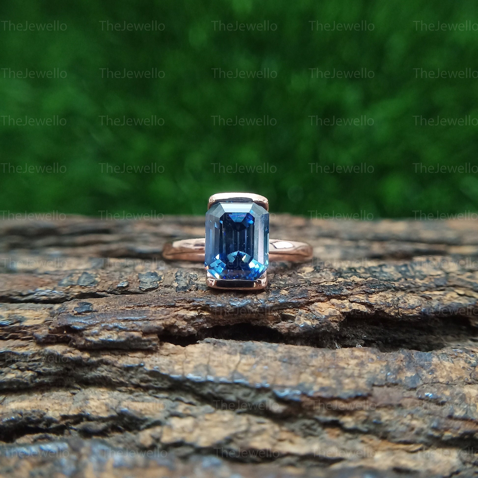 Dark Blue Emerald Moissanite Solitaire Ring, Half Bezel Set Rose Gold Ring, Handmade Moissanite Ring For Everyday Wear, Christmas Gift.