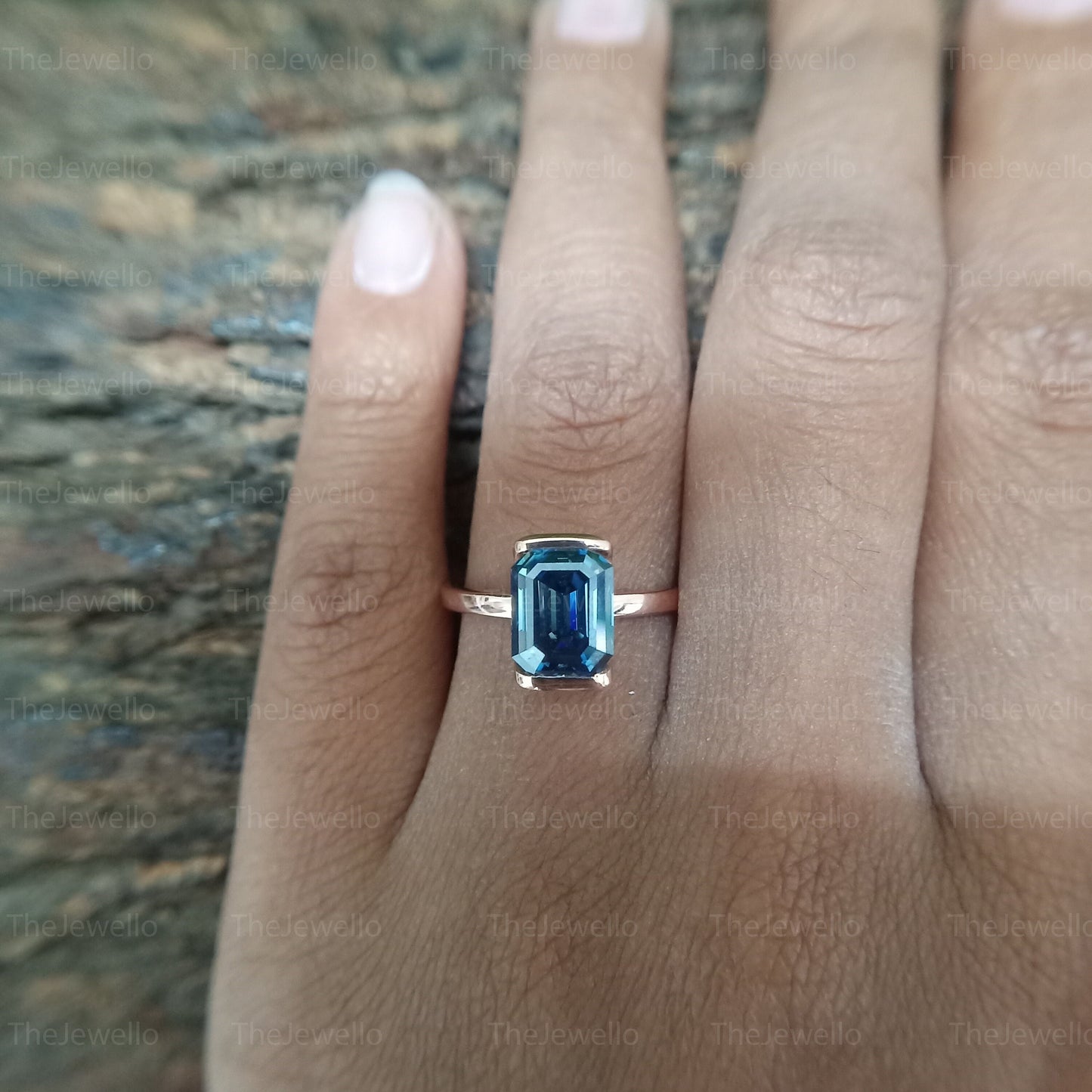 Dark Blue Emerald Moissanite Solitaire Ring, Half Bezel Set Rose Gold Ring, Handmade Moissanite Ring For Everyday Wear, Christmas Gift.