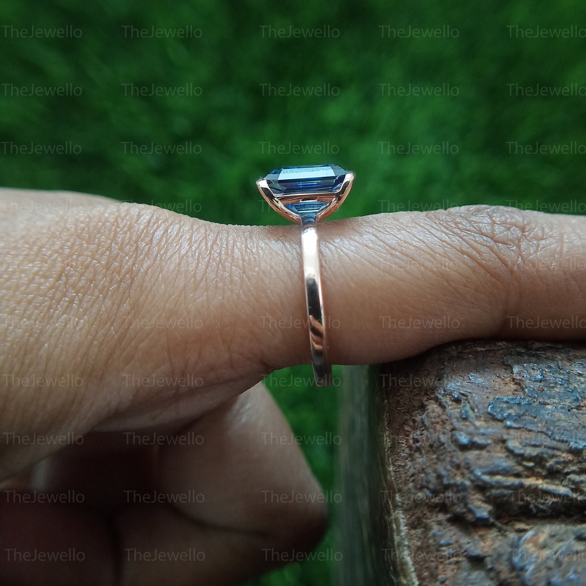 Dark Blue Emerald Moissanite Solitaire Ring, Half Bezel Set Rose Gold Ring, Handmade Moissanite Ring For Everyday Wear, Christmas Gift.