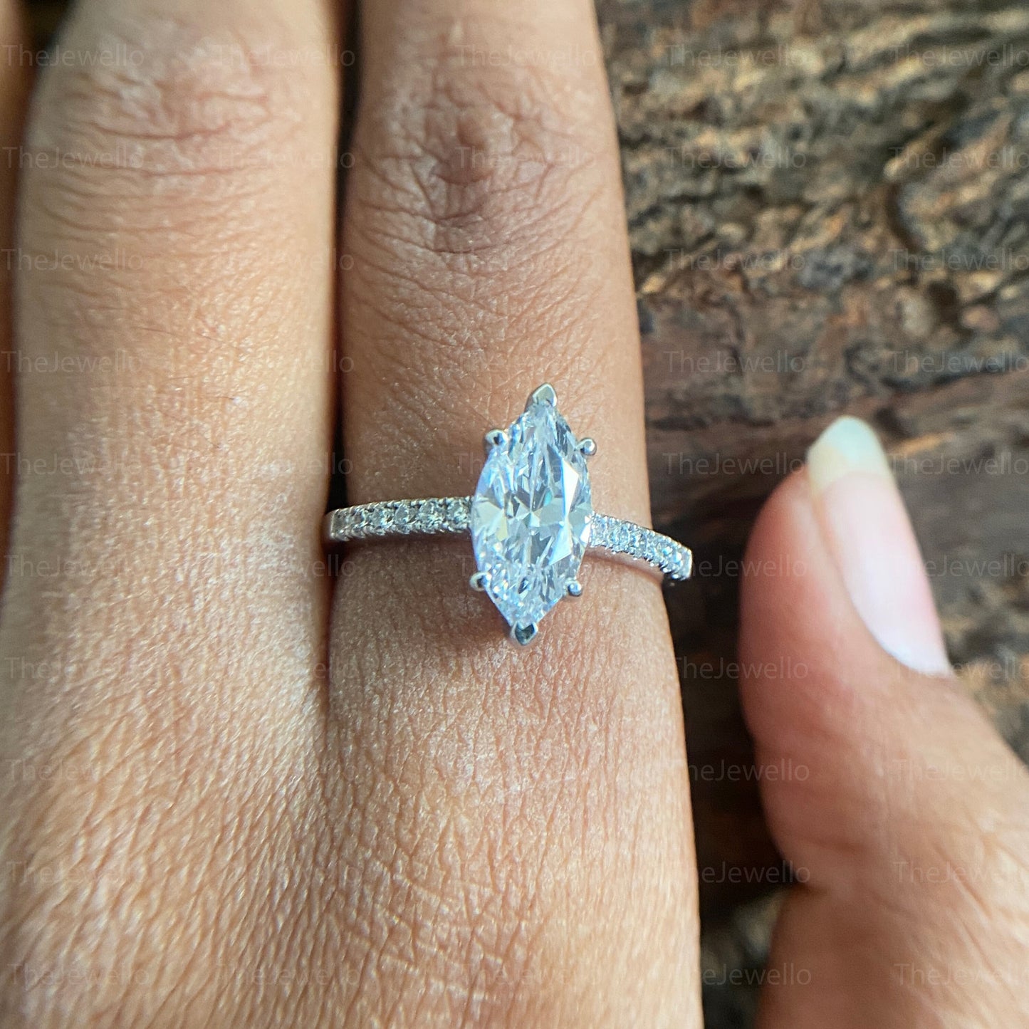 Marquise Cut Moissanite Ring/ Solitaire With Accents Diamond Ring/ Basket Prong Setting Bridal Ring/ Classic Petite Pave Wedding Ring.