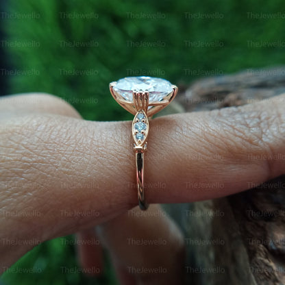 Oval Moissanite Ring, Oval Cut Under Bridge Wedding Ring, Solid Gold Solitaire With Accents Ring, Art Deco Handmade Diamond Ring.