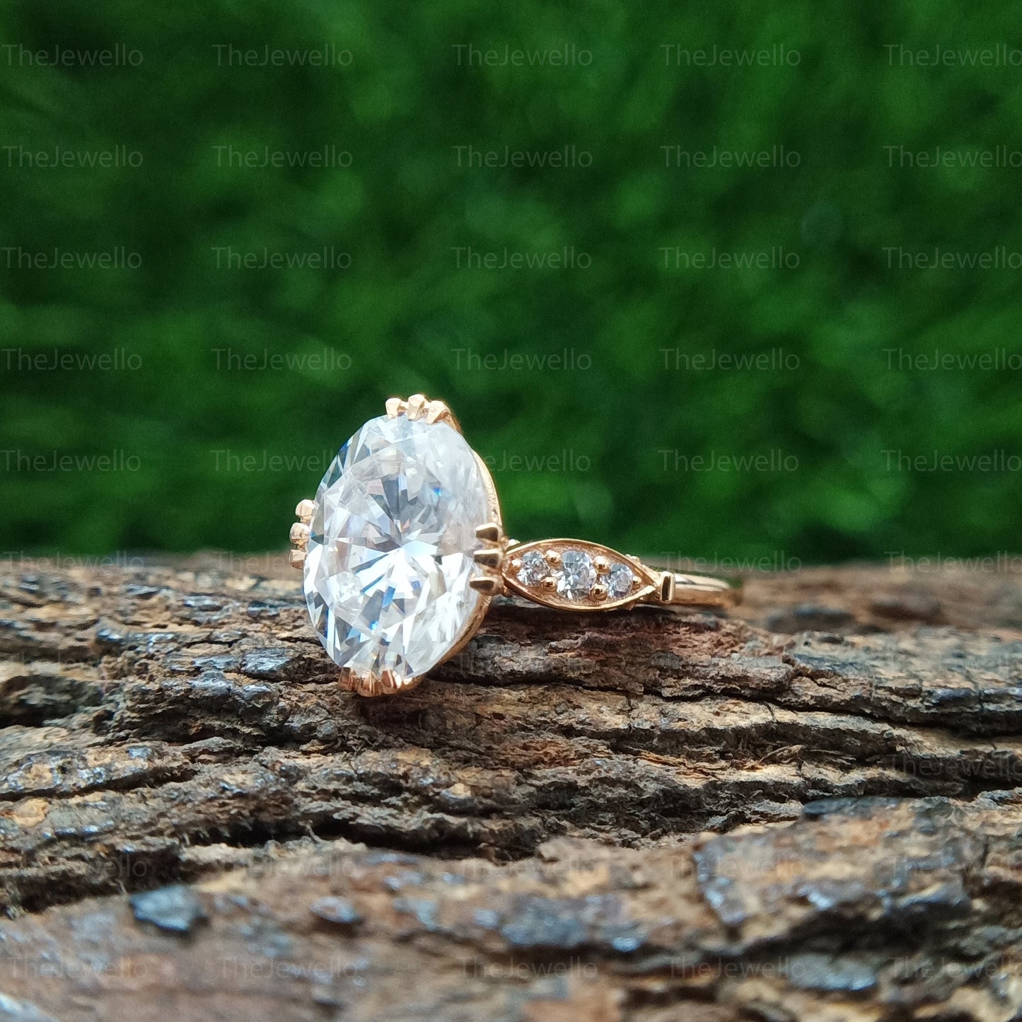 Oval Moissanite Ring, Oval Cut Under Bridge Wedding Ring, Solid Gold Solitaire With Accents Ring, Art Deco Handmade Diamond Ring.