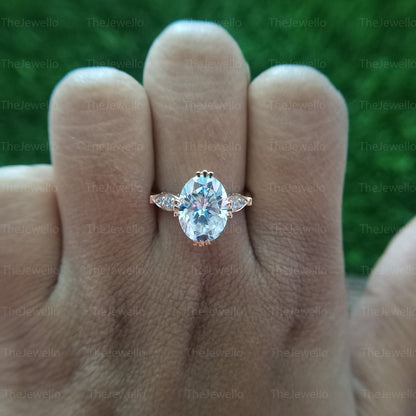 Oval Moissanite Ring, Oval Cut Under Bridge Wedding Ring, Solid Gold Solitaire With Accents Ring, Art Deco Handmade Diamond Ring.