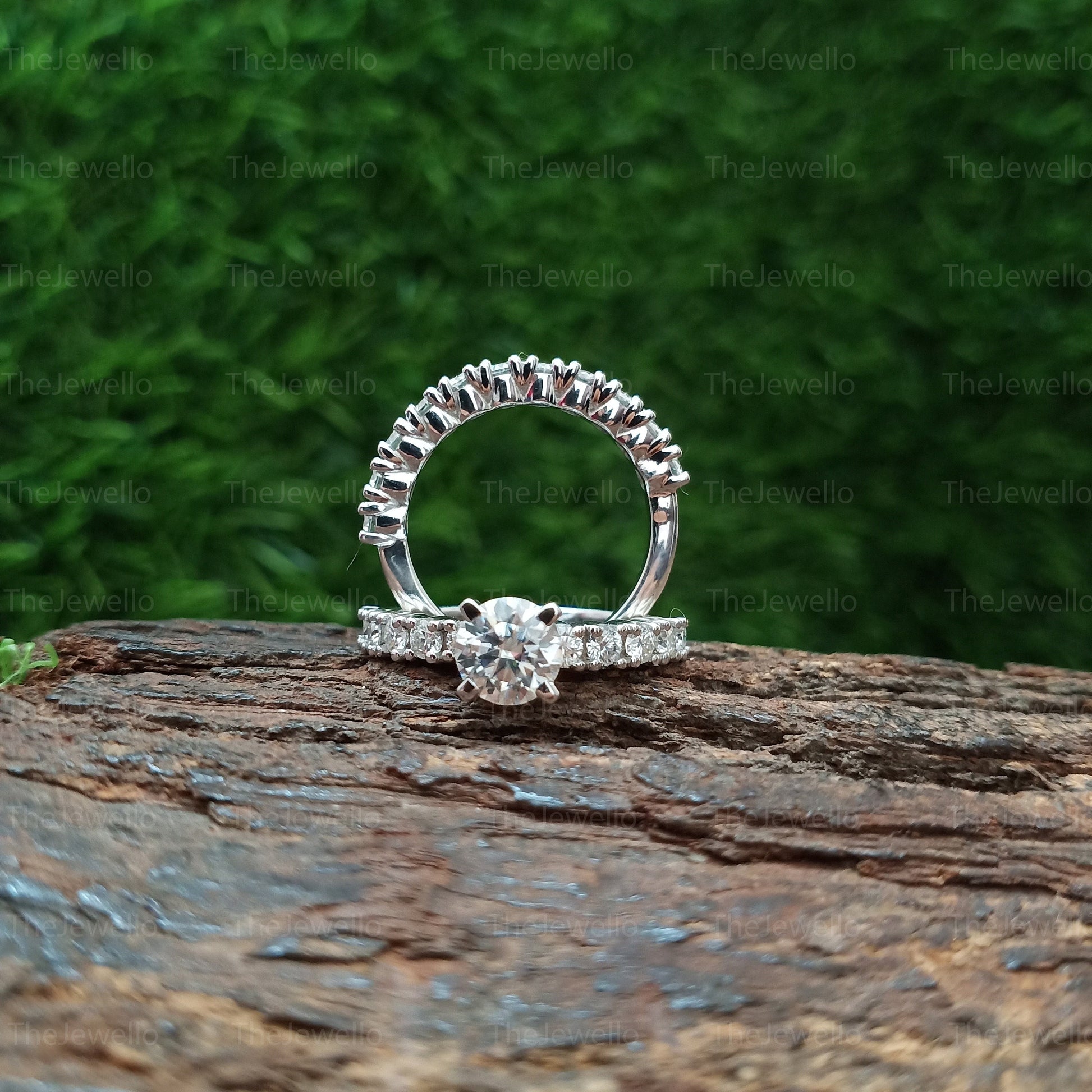 Unique Moissanite Round Cut Wedding Bridal Set Ring, Attractive Diamond Anniversary Ring, Solitaire With Accents Simulated Diamond Ring