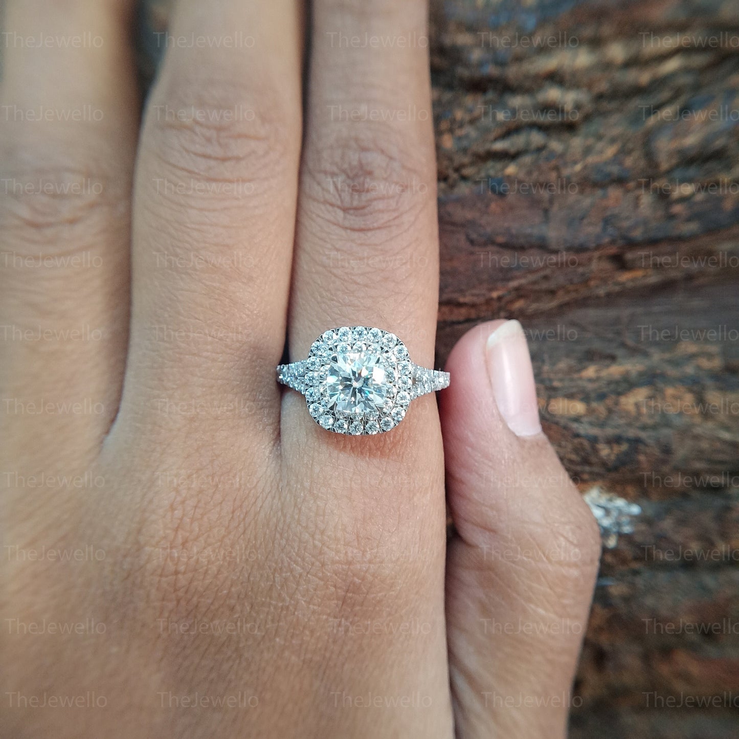 Cushion Cut Moissanite Ring, Double Halo Solid White Gold Engagement Ring, Split Shank 925 Sterling Silver Ring