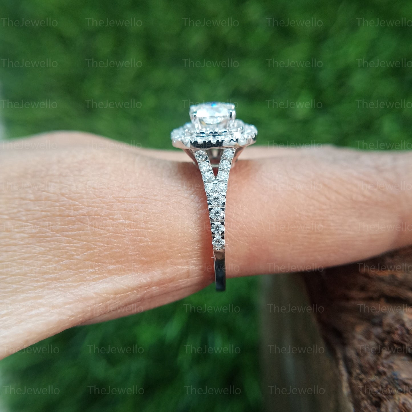 Cushion Cut Moissanite Ring, Double Halo Solid White Gold Engagement Ring, Split Shank 925 Sterling Silver Ring