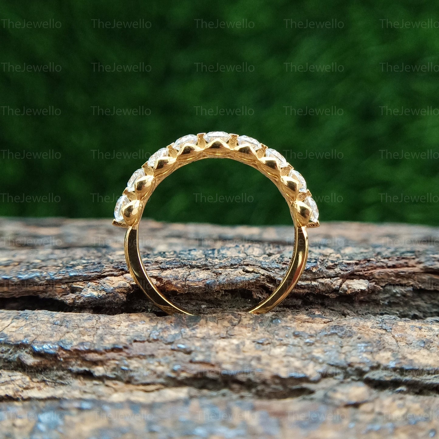 Unique Half Eternity Round Cut Moissanite Matching Wedding Band, Vintage Solitaire Yellow Gold Ring, Stackable Band For Women