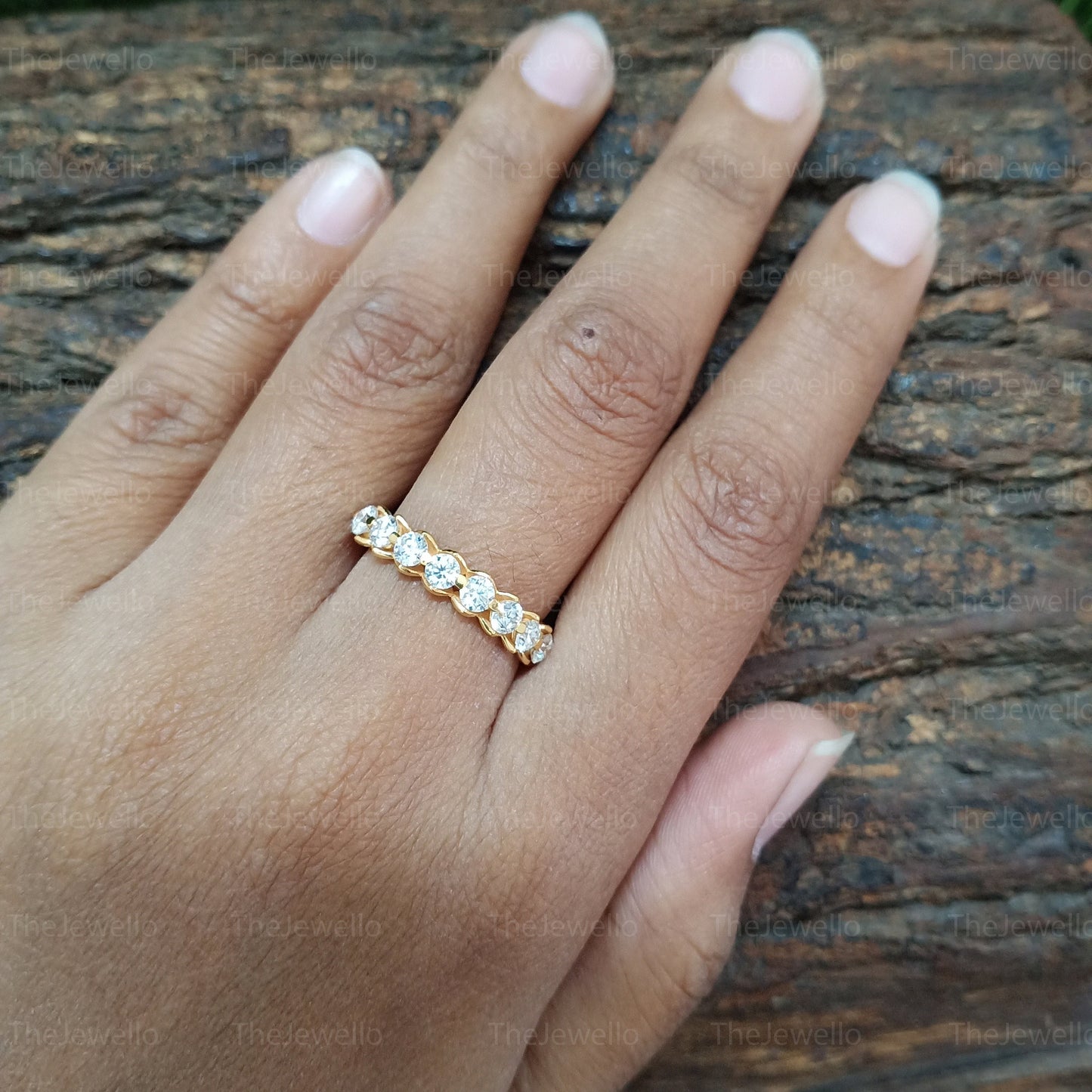 Unique Half Eternity Round Cut Moissanite Matching Wedding Band, Vintage Solitaire Yellow Gold Ring, Stackable Band For Women