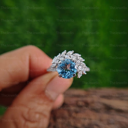 Natural Aquamarine Engagement Ring, Round Cut Aquamarine Birthstone Ring, Moissanite Marquise Wine Motif Style Ring