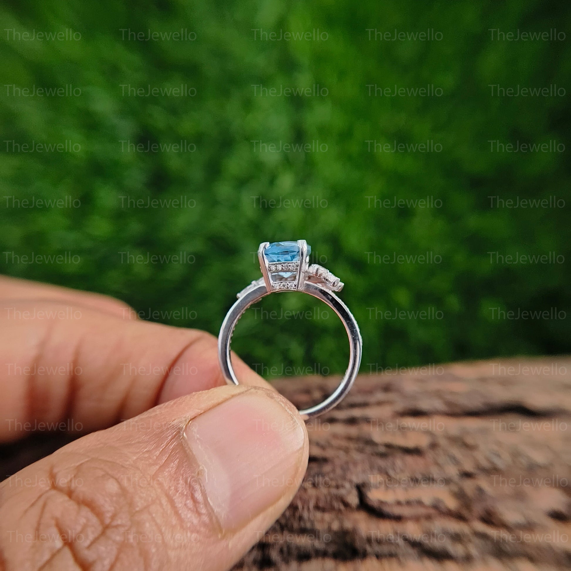 Natural Aquamarine Engagement Ring, Round Cut Aquamarine Birthstone Ring, Moissanite Marquise Wine Motif Style Ring