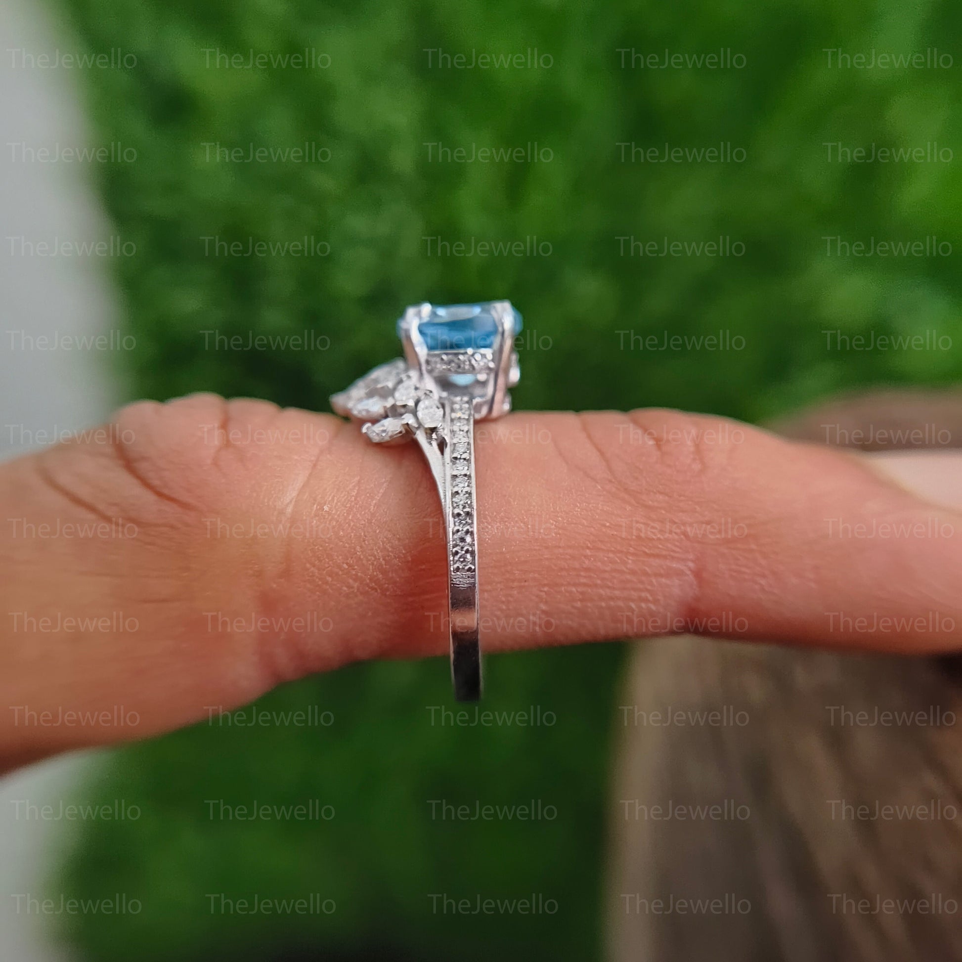 Natural Aquamarine Engagement Ring, Round Cut Aquamarine Birthstone Ring, Moissanite Marquise Wine Motif Style Ring