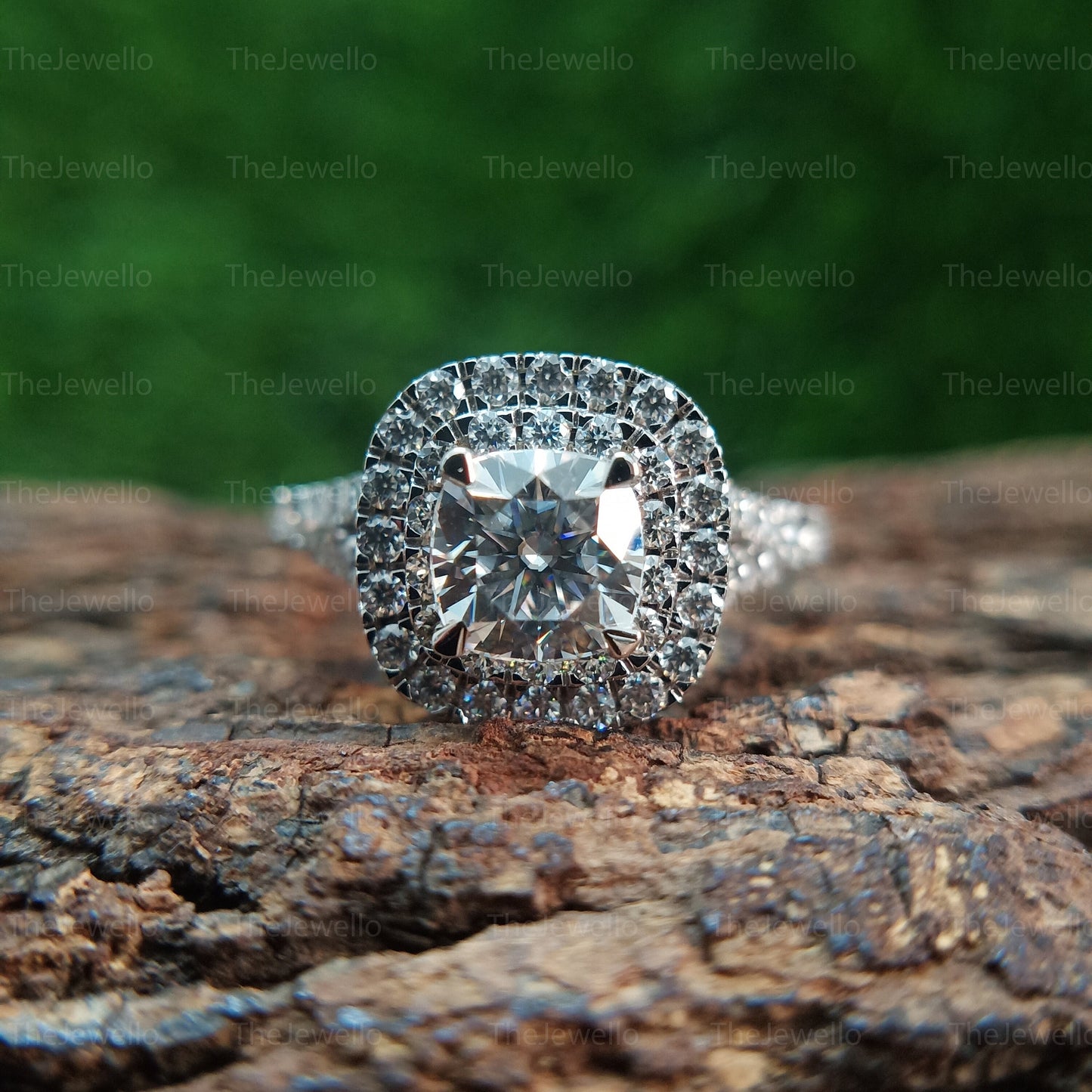 Cushion Cut Moissanite Ring, Double Halo Solid White Gold Engagement Ring, Split Shank 925 Sterling Silver Ring