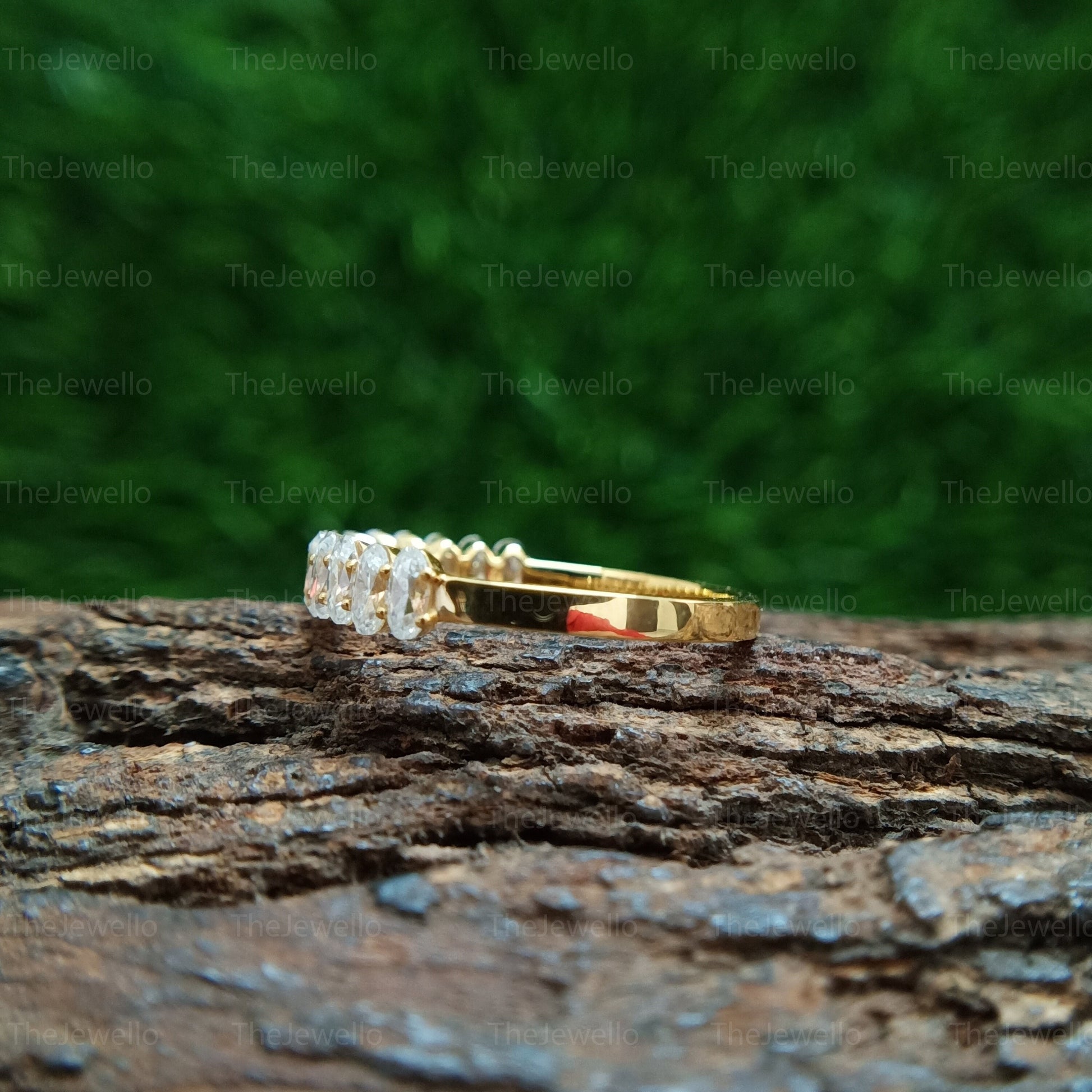 Super Sparkly 1.30 TCW Oval Cut Moissanite Wedding Band, Dainty Half Eternity Solitaire Band, Solid Yellow Gold Moissanite Diamond Band.