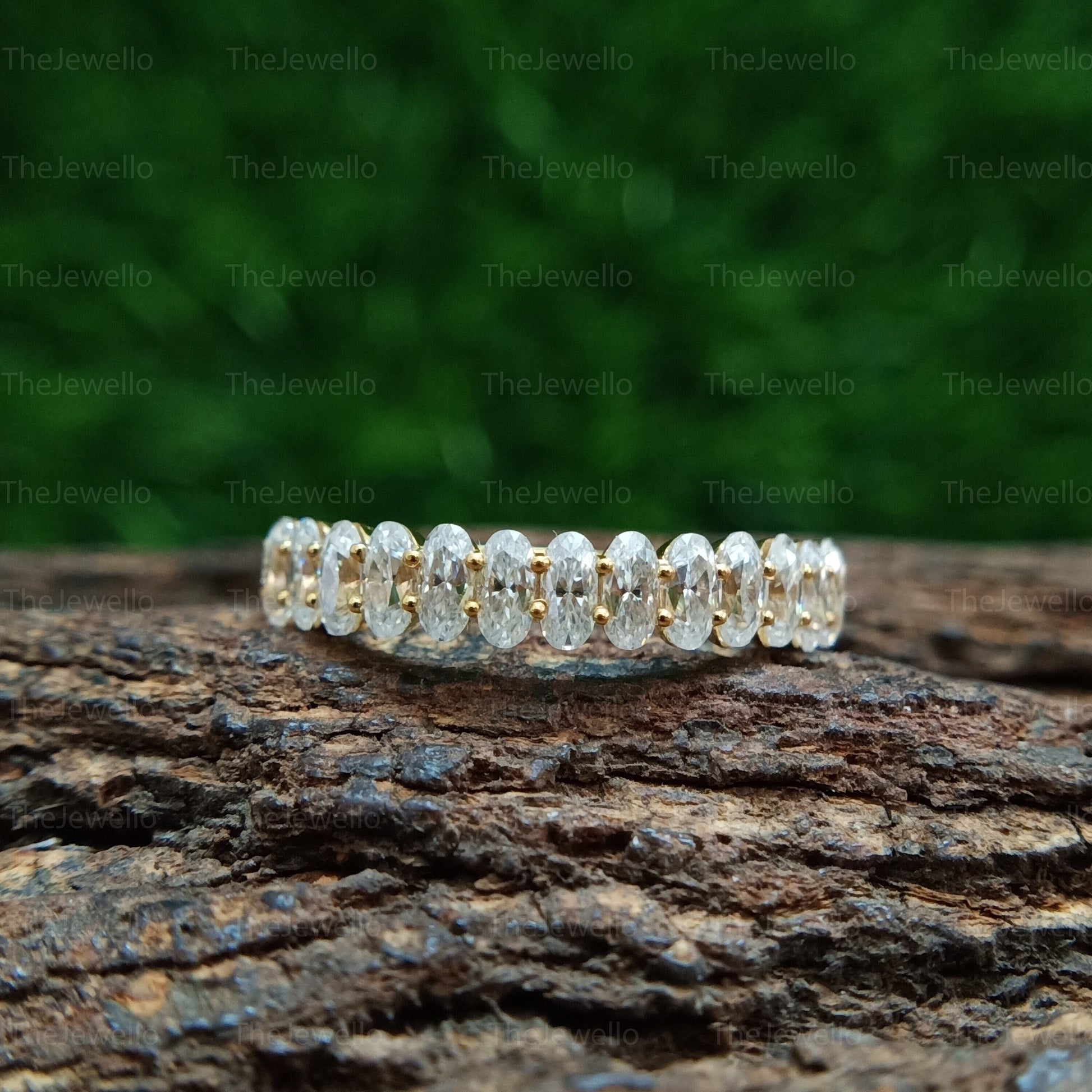 Super Sparkly 1.30 TCW Oval Cut Moissanite Wedding Band, Dainty Half Eternity Solitaire Band, Solid Yellow Gold Moissanite Diamond Band.