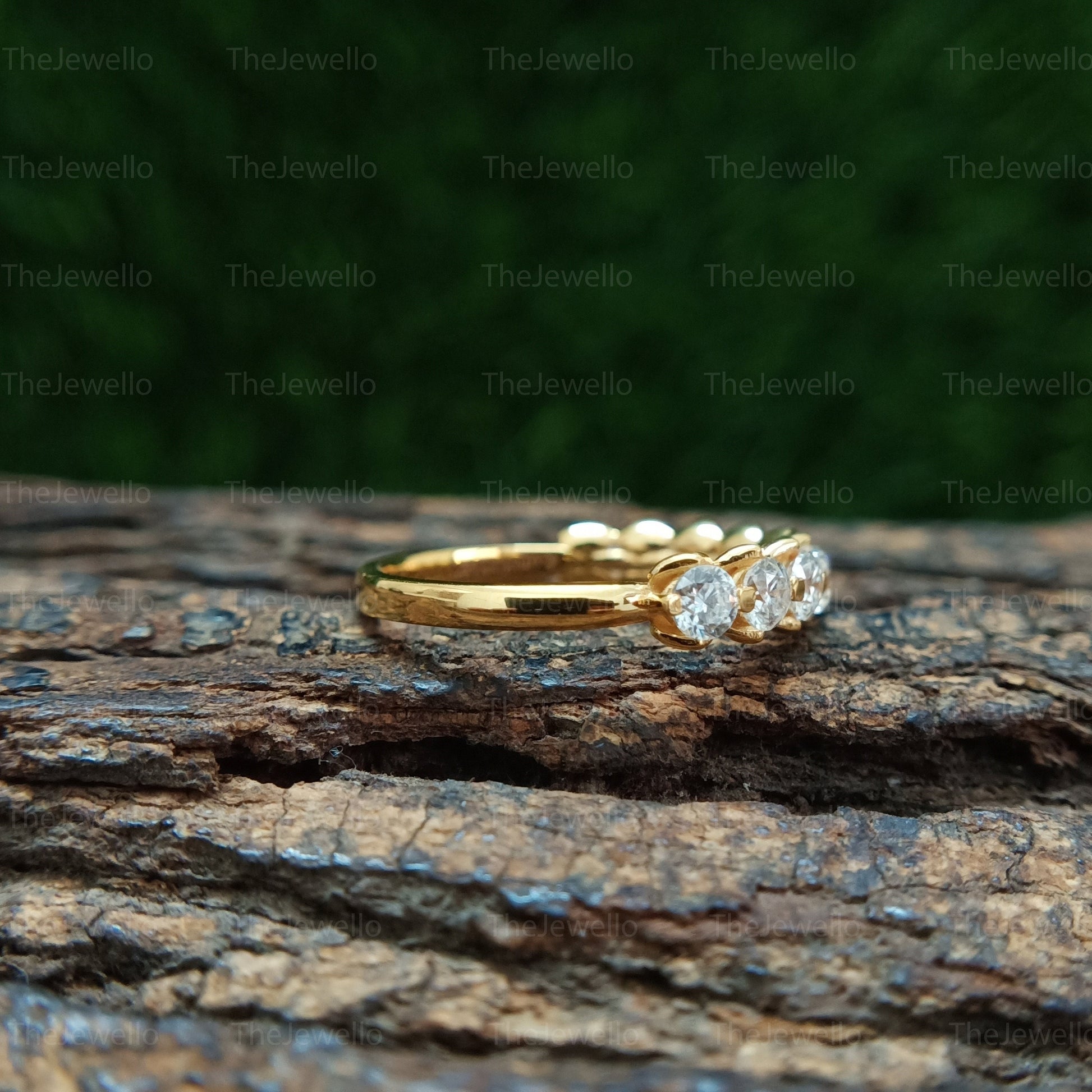 Unique Half Eternity Round Cut Moissanite Matching Wedding Band, Vintage Solitaire Yellow Gold Ring, Stackable Band For Women