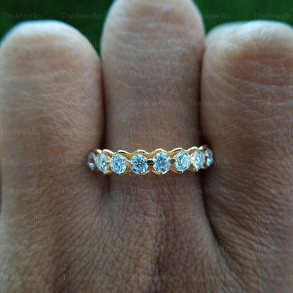 Unique Half Eternity Round Cut Moissanite Matching Wedding Band, Vintage Solitaire Yellow Gold Ring, Stackable Band For Women