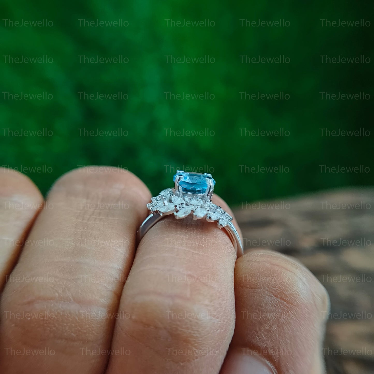 Natural Aquamarine Engagement Ring, Round Cut Aquamarine Birthstone Ring, Moissanite Marquise Wine Motif Style Ring