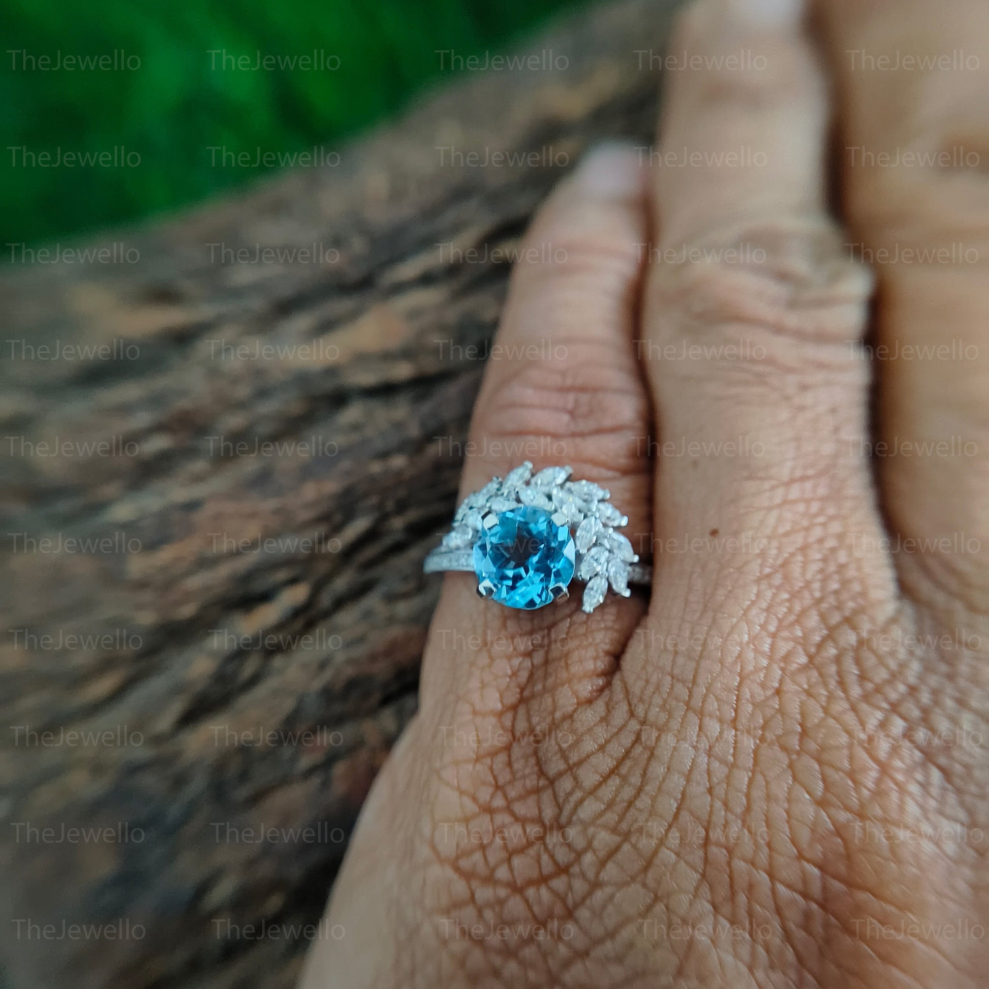 Natural Aquamarine Engagement Ring, Round Cut Aquamarine Birthstone Ring, Moissanite Marquise Wine Motif Style Ring