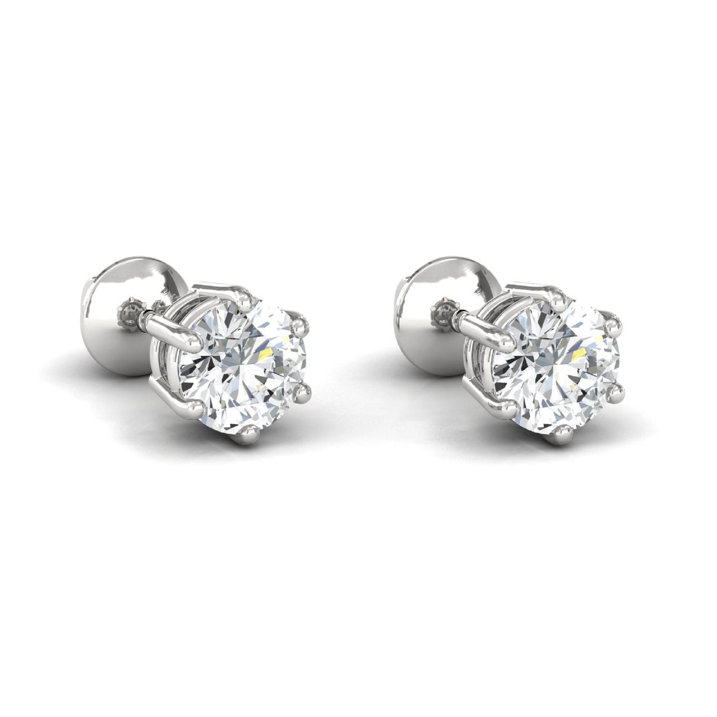 14K Gold D Color VVS1 Round Moissanite Screwback Studs, 2 Carat Colorless Moissanite Stud Earrings, 14K White Gold 6.50 mm