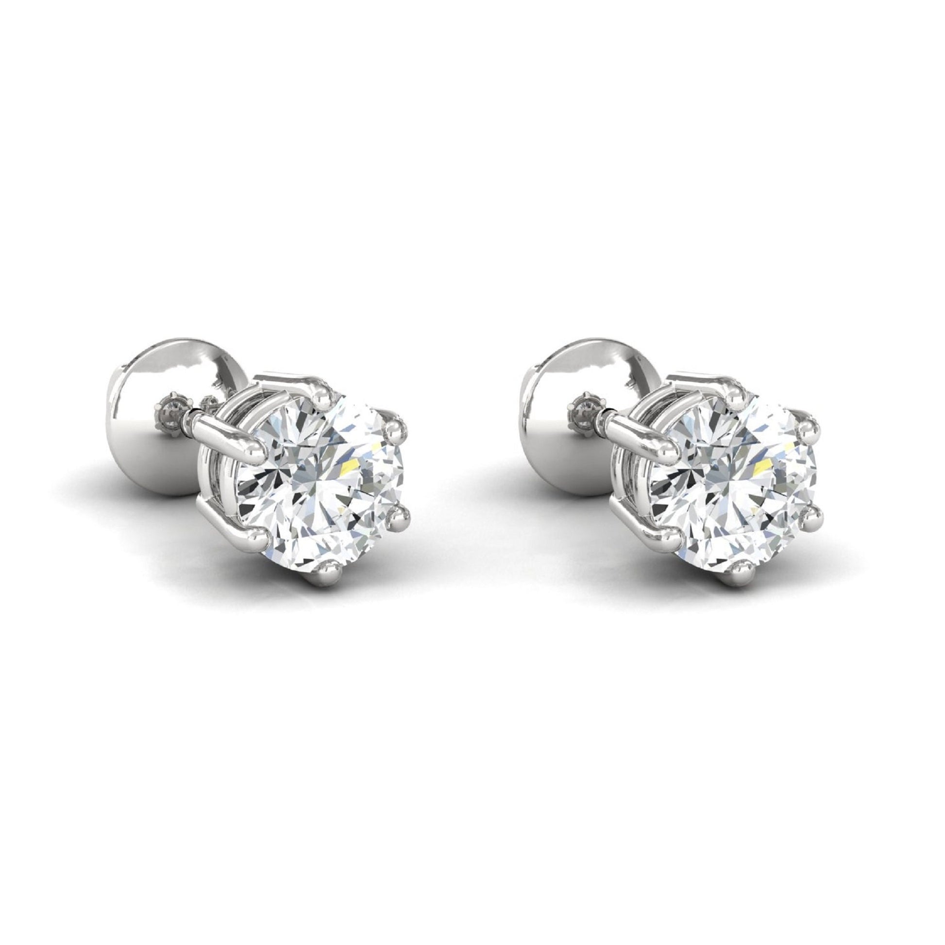 14K Gold D Color VVS1 Round Moissanite Screwback Studs, 2 Carat Colorless Moissanite Stud Earrings, 14K White Gold 6.50 mm