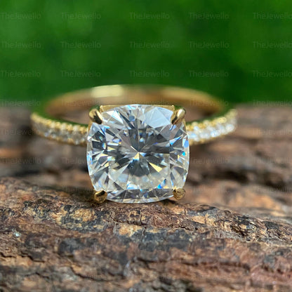 2.55 Carat Cushion Moissanite Ring, Yellow Gold Solitaire Accent Engagement Ring, Cushion Cut Diamond Ring