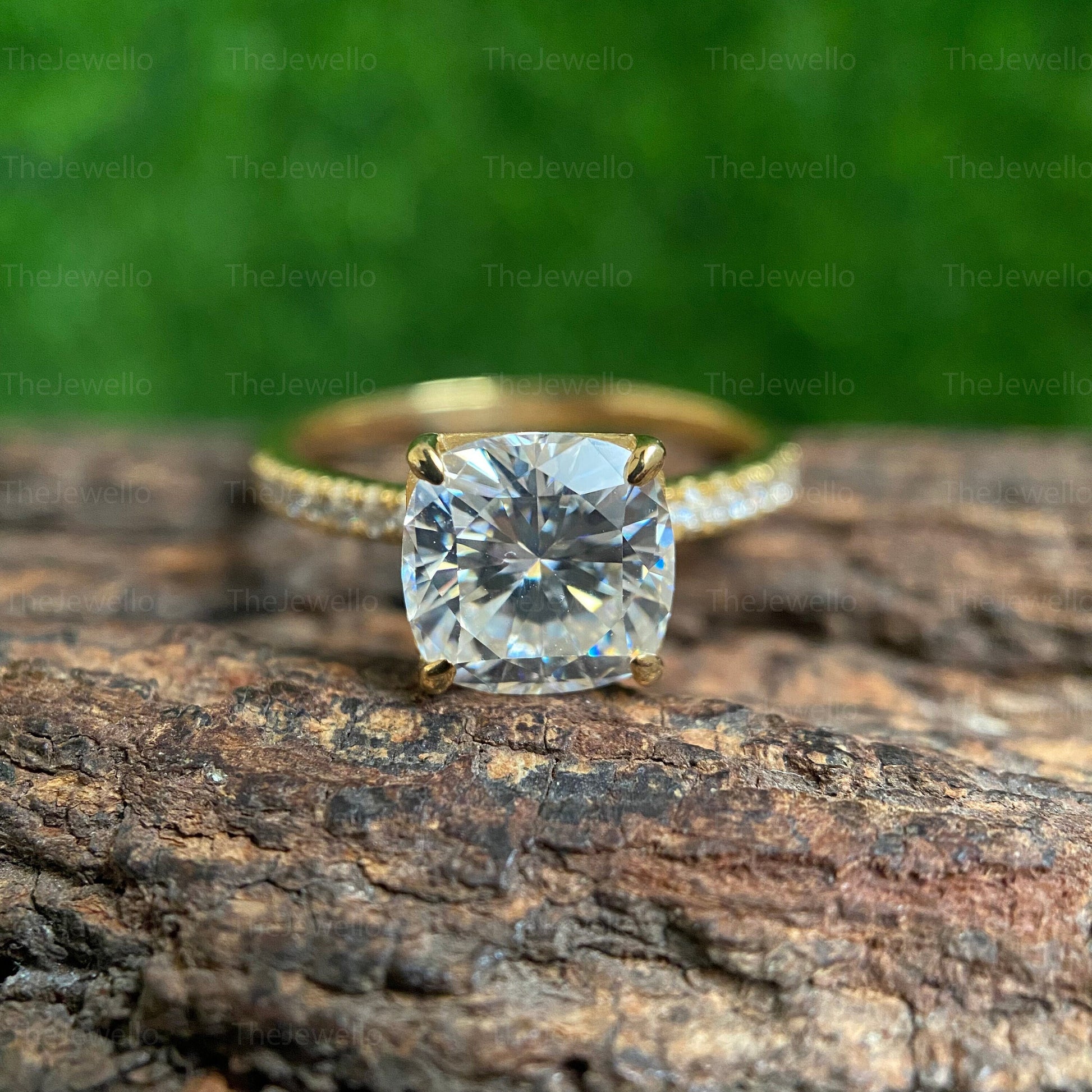 2.55 Carat Cushion Moissanite Ring, Yellow Gold Solitaire Accent Engagement Ring, Cushion Cut Diamond Ring