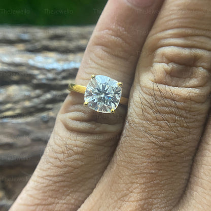 2.62 CT Hidden Halo Cushion Moissanite Ring, Colorless Moissanite Solid Yellow Gold Ring, Underhalo Engagement Rings